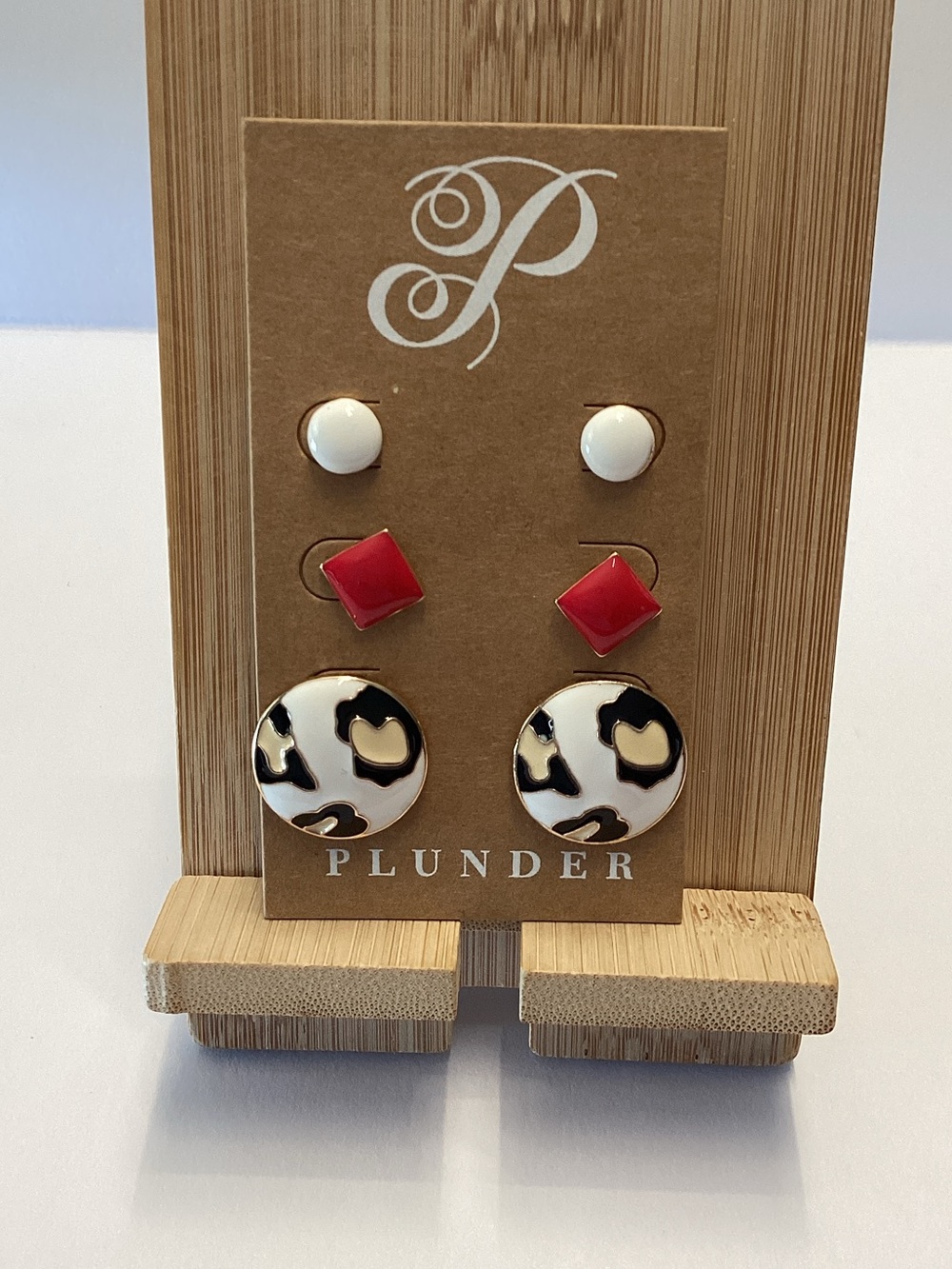 Plunder Three-Pair Earring Set — White, Red & Black Animal Print